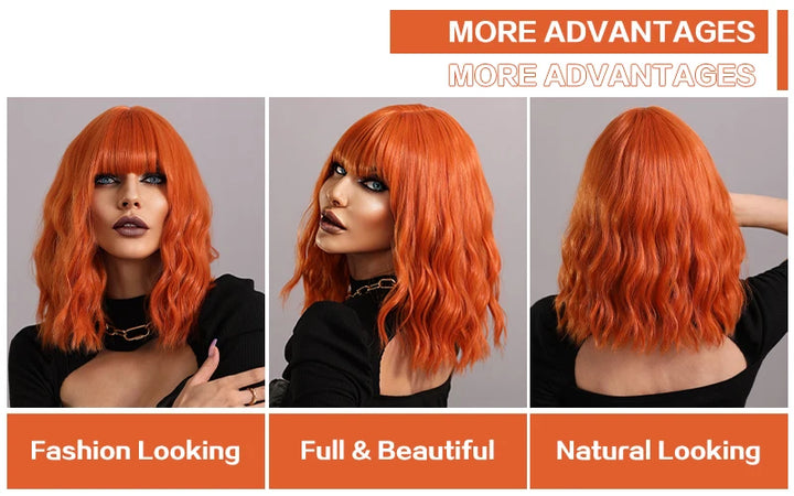 Ginger Orange Wig - Short Curly Wavy Bob Wig for Women with Bangs, Shoulder Length Synthetic Colored Halloween Cosplay Copper Hair.