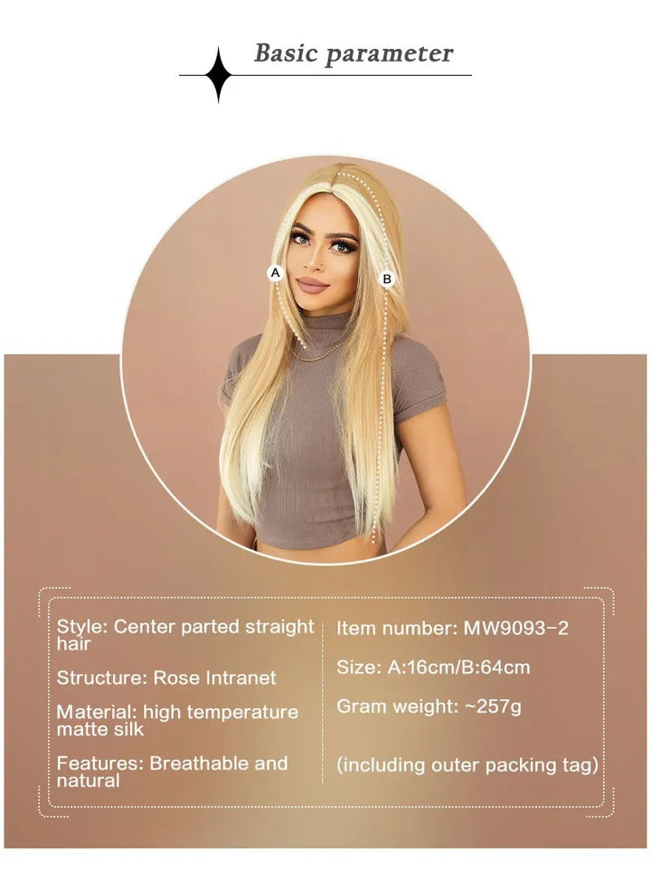 Synthetic hair wig with long straight hair, bangs, middle part, and highlight gray color. Perfect for women, cosplay, and drag queens.