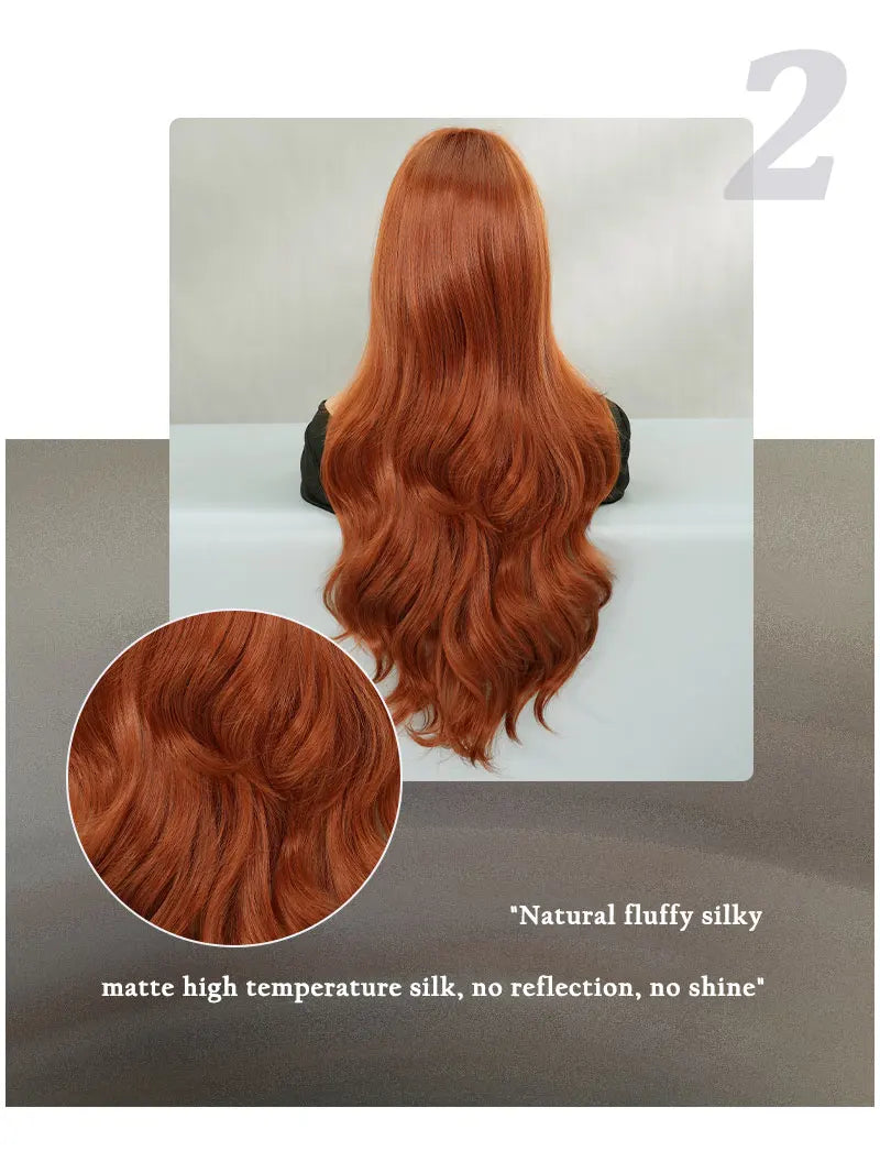 30" Copper Orange Long Curly Synthetic Wig with Bangs for Women. Heat resistant and natural hairline. Perfect for cosplay.