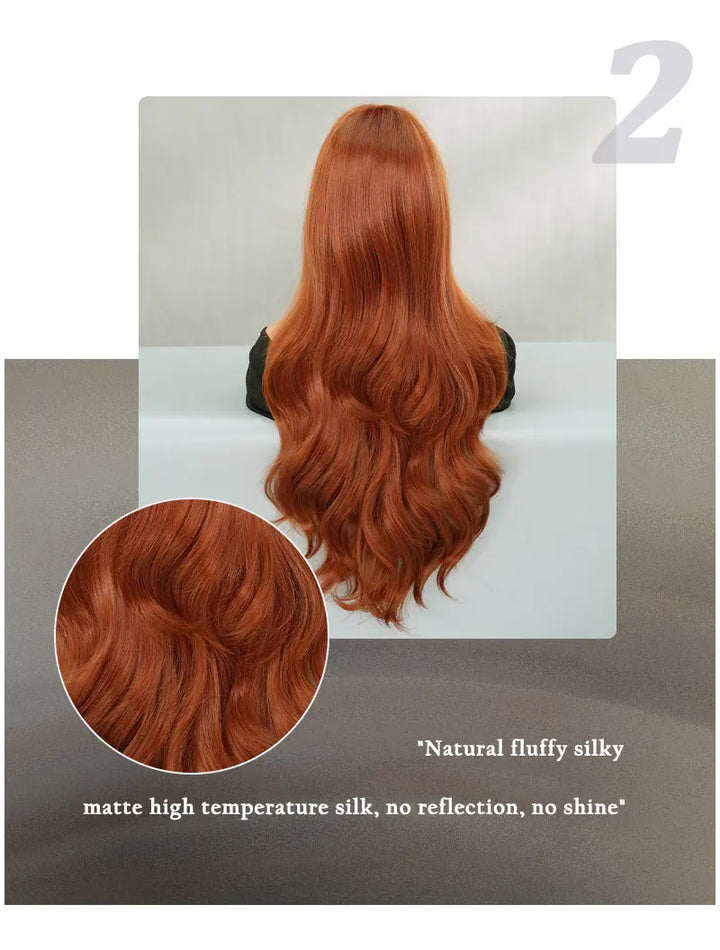 30" Copper Orange Long Curly Synthetic Wig with Bangs for Women. Heat resistant and natural hairline. Perfect for cosplay.