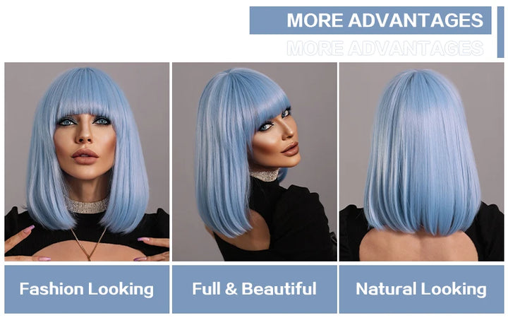 Light Blue Bob Wig with Bangs, Shoulder Length Synthetic Wig for Cosplay Party