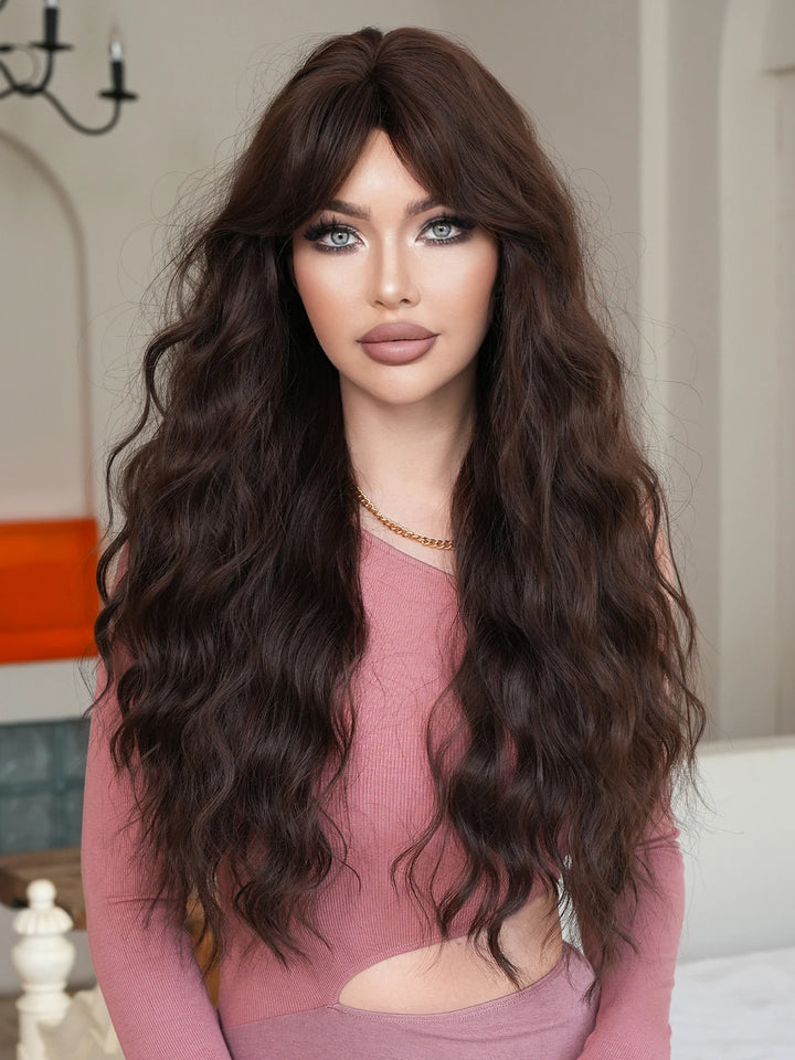 28 Inch Curly Ombre Brown Synthetic Hair Shoulder Length Wavy Wig. Heat resistant fiber, natural look