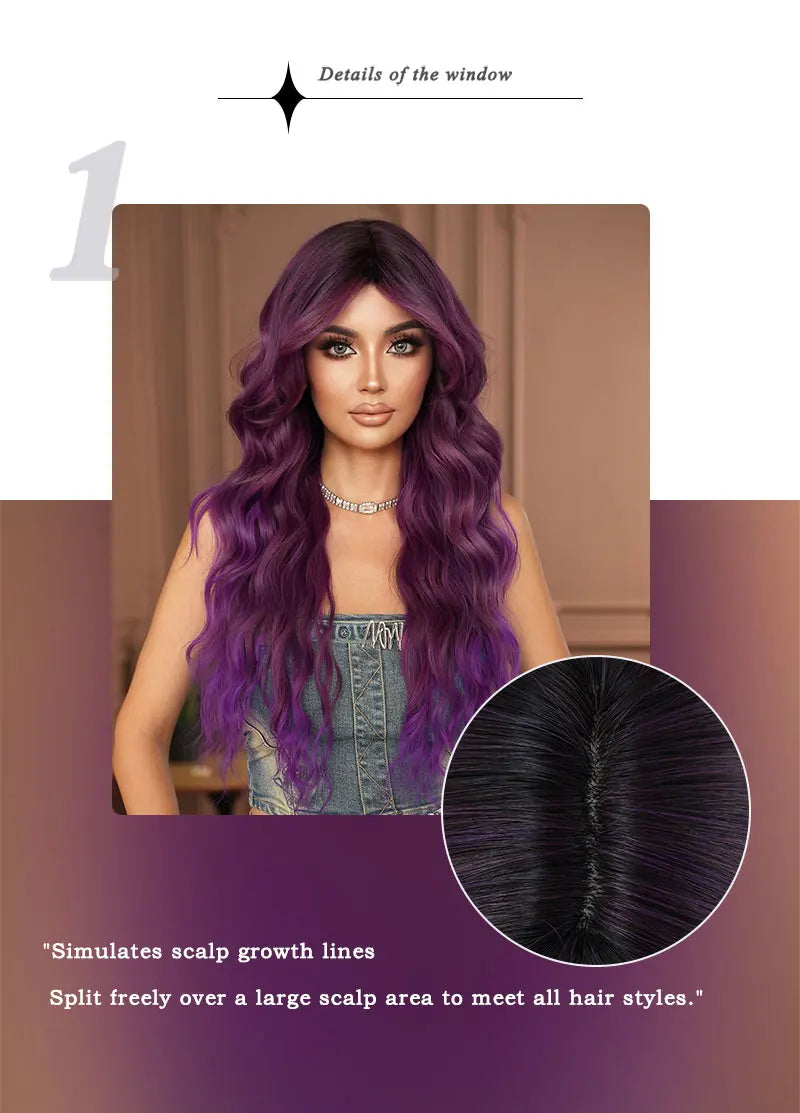 Ombre Purple Synthetic Hair Skunk Stripe Long Wavy Wigs, Heat Resistant Fiber, Wholesale, Natural Matt Wigs, 30 Inch