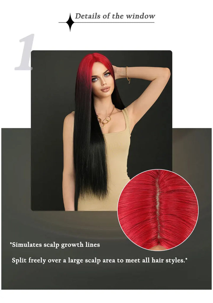 32" Ombre Red Synthetic Hair Wig with Bangs and Middle Part, Billie Eilish Style