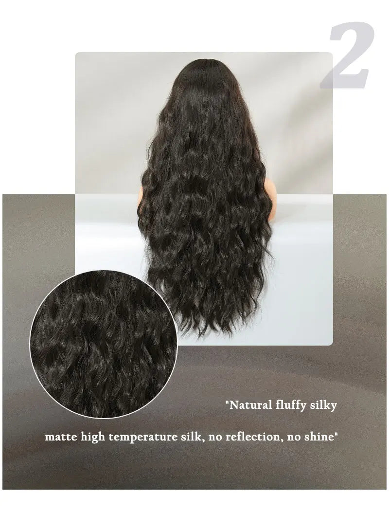 30 Inch Natural Black Long Curls Synthetic Heat Resistant Wig for Women with Middle Part Water Waves Hair. Features a Slit Matte Hair Wigs Peluca.