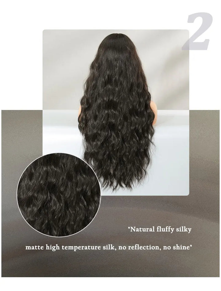 30 Inch Natural Black Long Curls Synthetic Heat Resistant Wig for Women with Middle Part Water Waves Hair. Features a Slit Matte Hair Wigs Peluca.