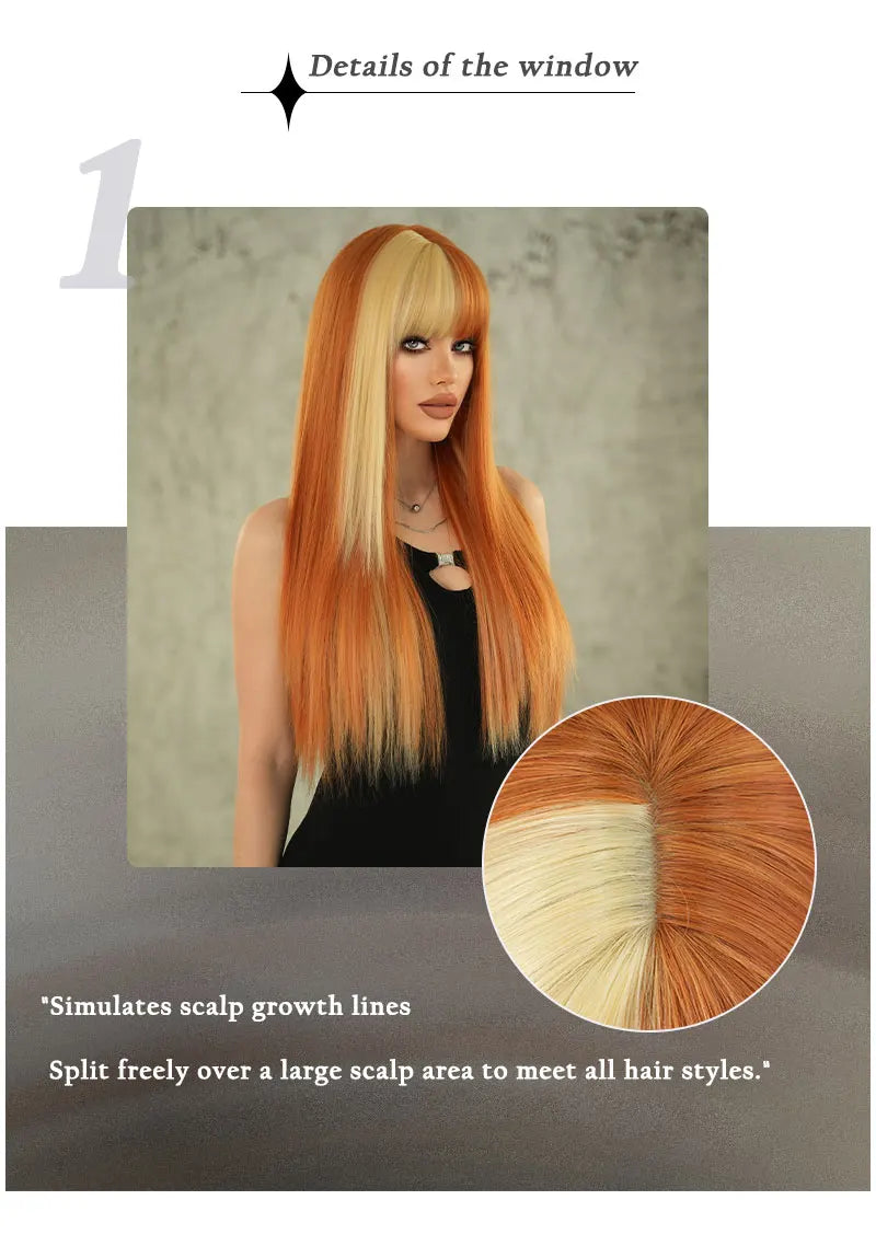 Orange Blonde Long Straight Wig with Bangs Synthetic Cruella De Vil Costume Hair Wig for Women Cosplay Anime Party Halloween.