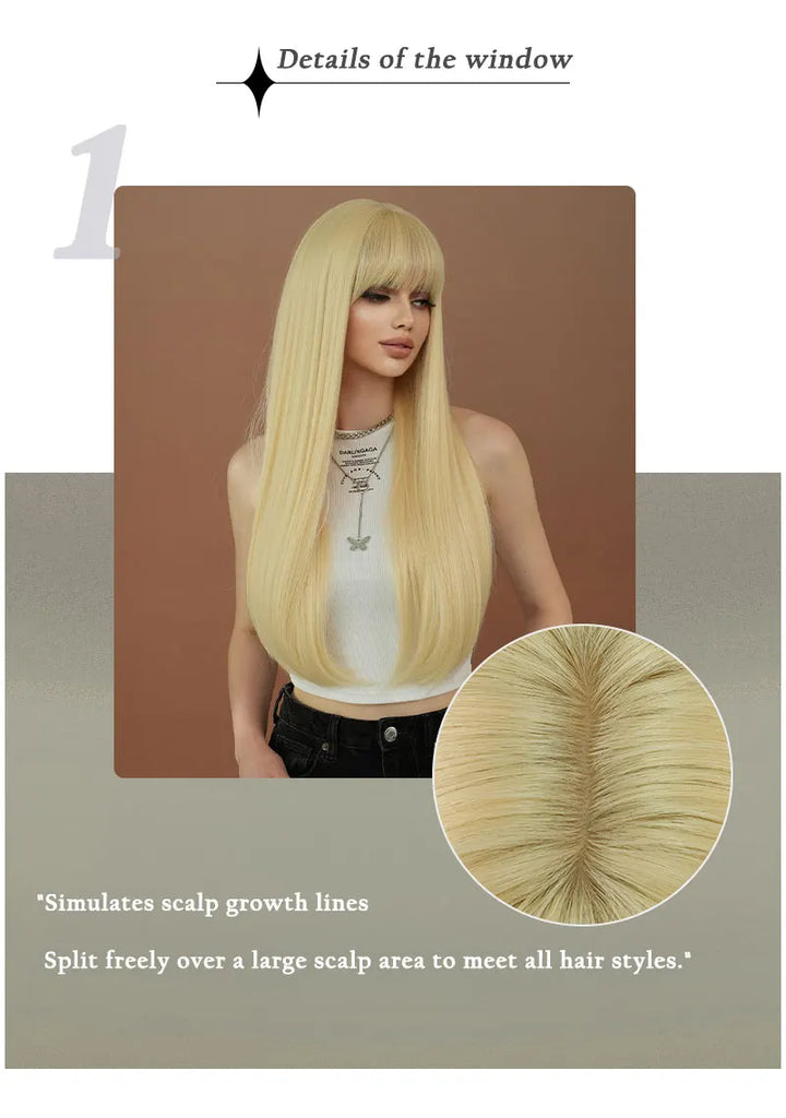 High-quality long straight blonde synthetic hair with bangs for women. Heat-resistant fiber wig, hot selling 28 inches.