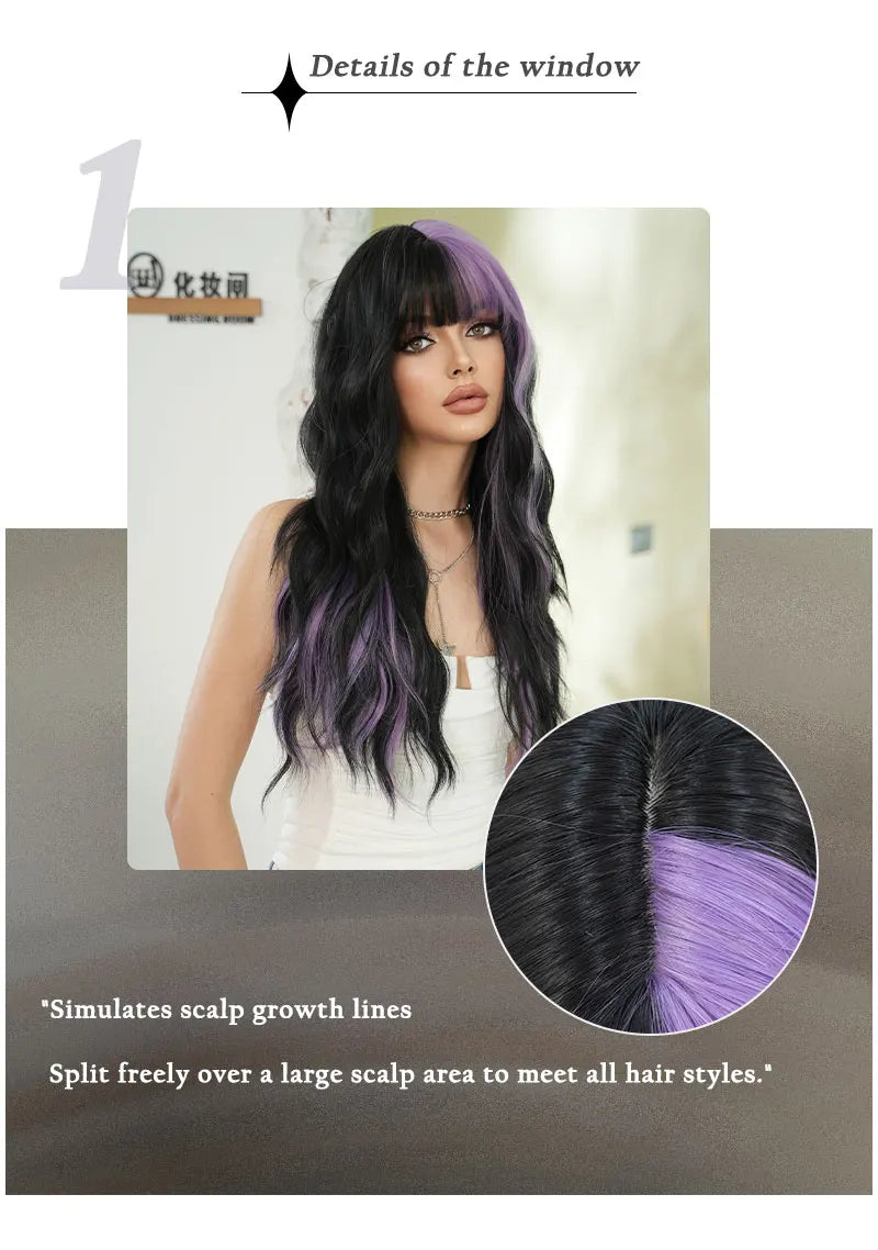 28in Long Wavy Black Purple Highlight Wig, Natural Heat Resistant Synthetic Curly Style with Bangs for Women.