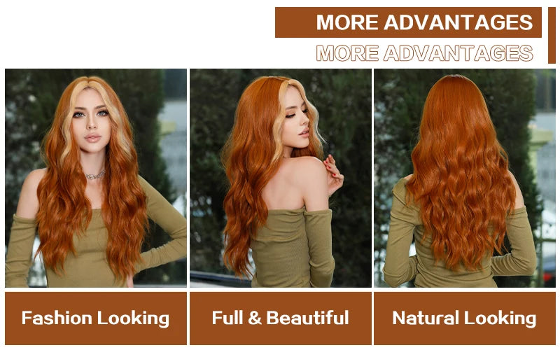 Skunk Water Wave Wig Synthetic Curly Wig for Women Long Deep Wave Wig in Light Brown With Ginger Orange Highlights.