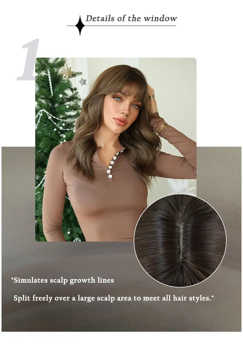 22" Curly Brown Synthetic Hair Wig, Shoulder Length, Water Wavy, Heat Resistant Fiber, Natural Look, Matt Finish.