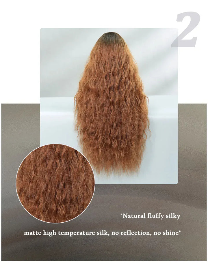 Ombre Brown Water Wavy Wig with Bang for Woman 32 Inch Synthetic Glueless Wig Natural Matte Hair