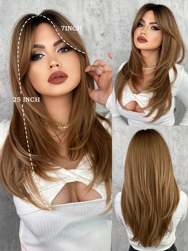 Blonde ombre layered wig with curtain bangs for women. High density heat resistant synthetic hair in dark brown.
