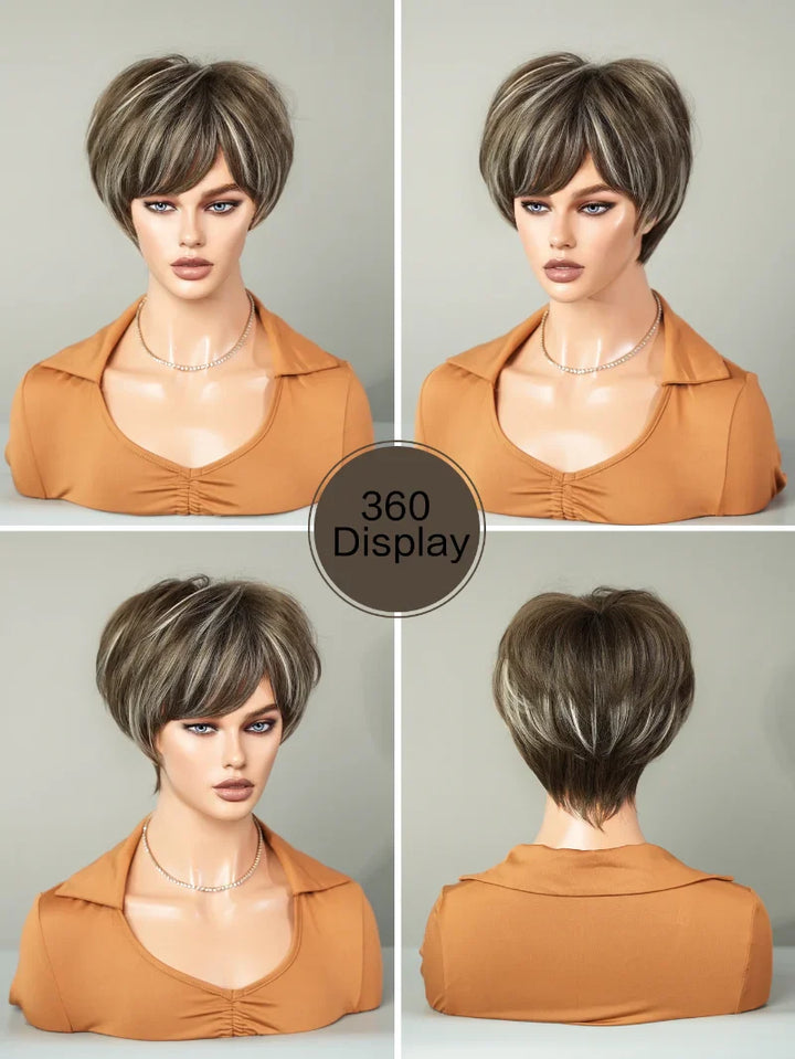 Ombre red pixie cut wig with bangs, cute and natural-looking. Short black and burgundy layered wavy style for women.