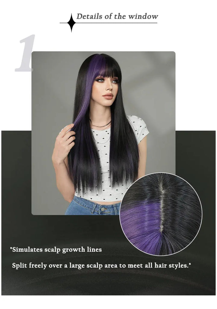 Orange Blonde Long Straight Wig with Bangs Synthetic Cruella De Vil Costume Hair Wig for Women Cosplay Anime Party Halloween.