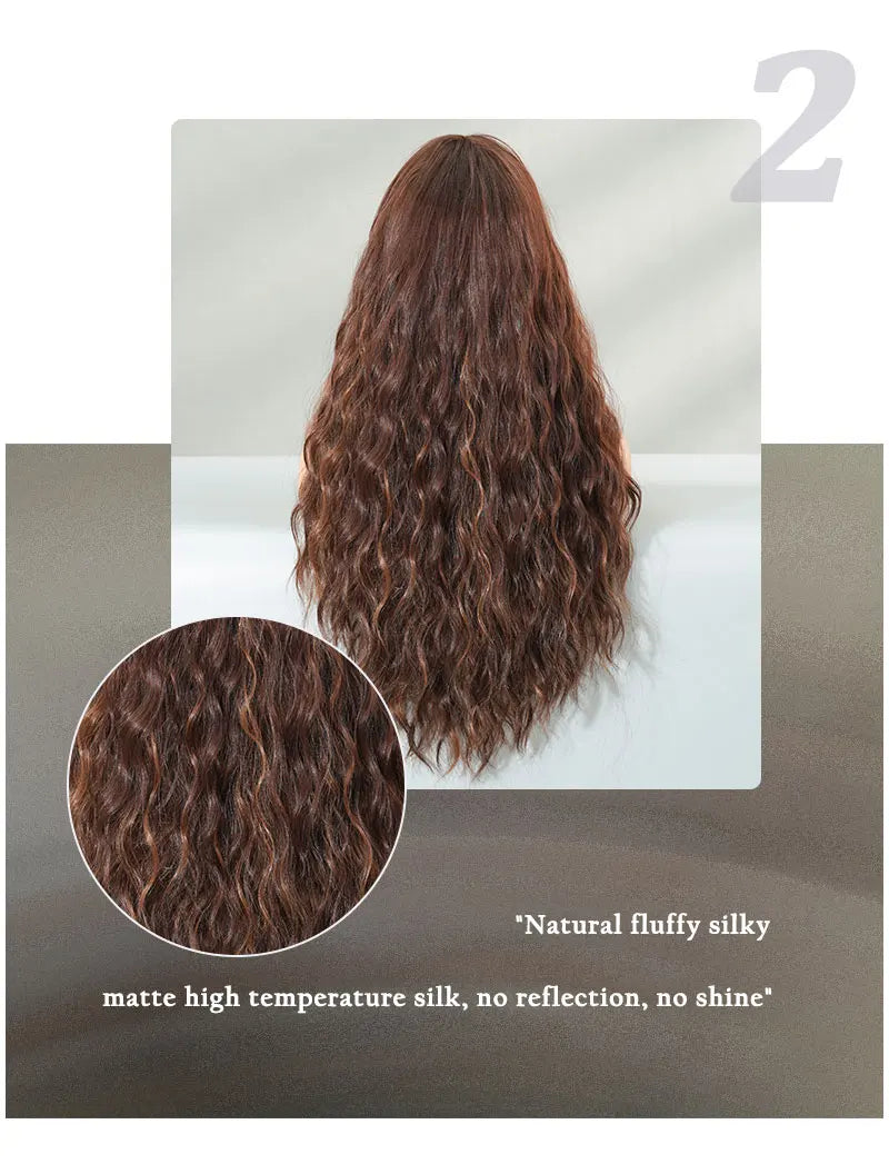 28-inch long curly brown ombre synthetic hair wig with a middle parting, water wave style. Made from heat-resistant fiber for a natural matte finish. Peluca#
