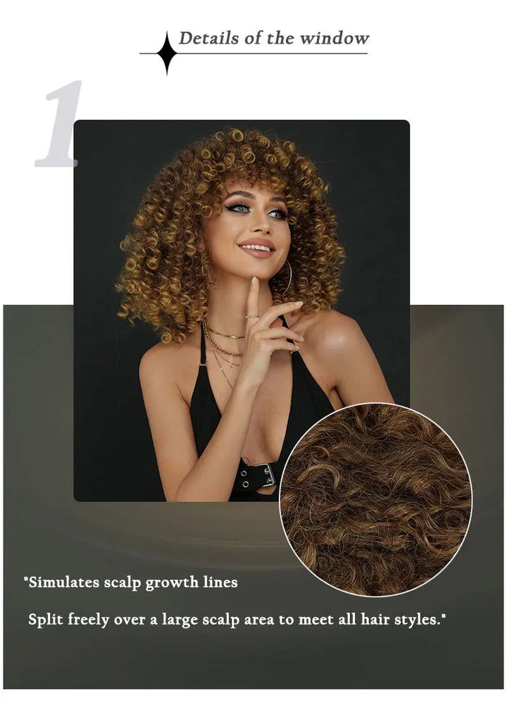 18" Curly Afro Wig with Bangs for Black Women. Kinky curly synthetic wig in ombre brown blonde.
