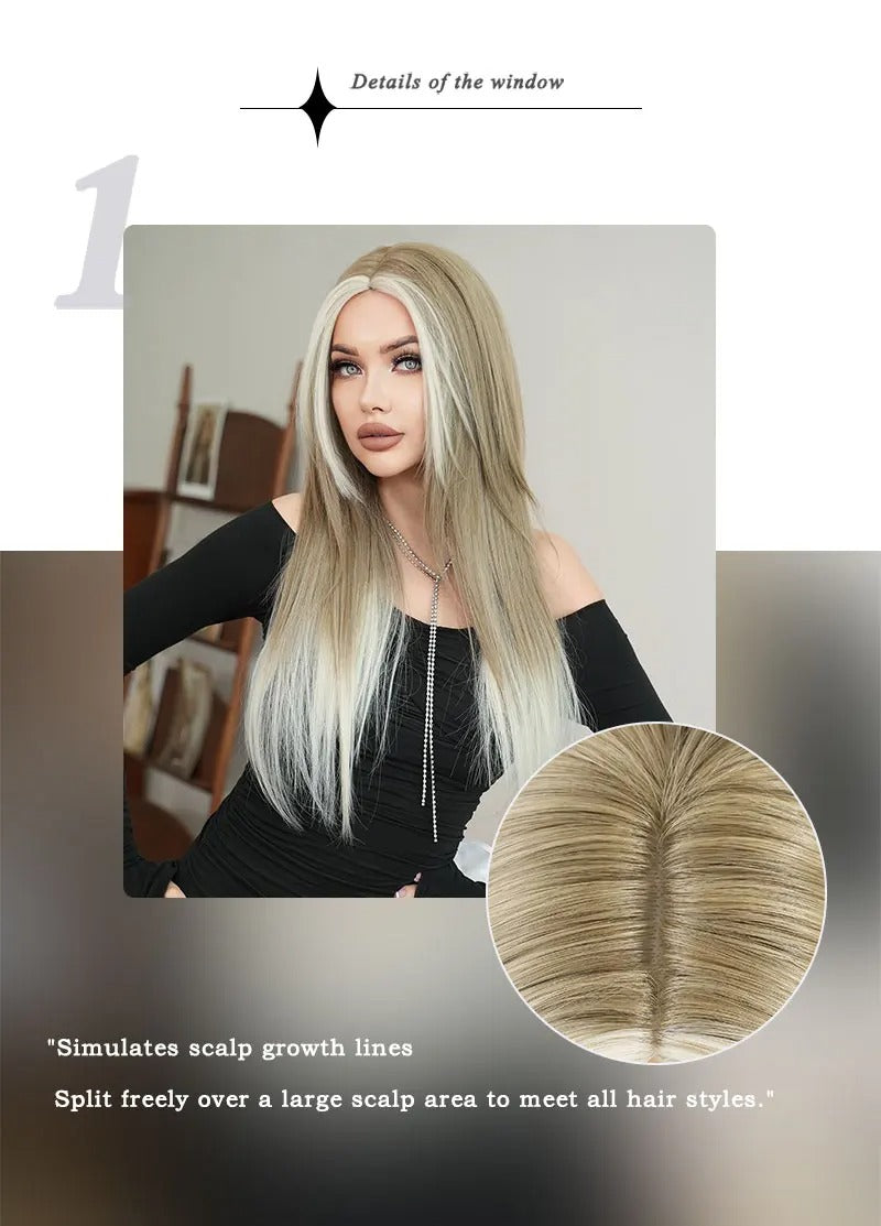 Synthetic hair wig with long straight hair, bangs, middle part, and highlight gray color. Perfect for women, cosplay, and drag queens.