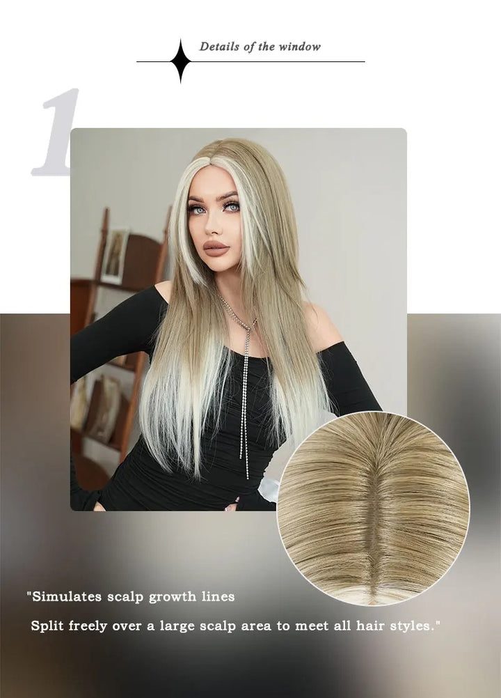 Synthetic hair wig with long straight hair, bangs, middle part, and highlight gray color. Perfect for women, cosplay, and drag queens.