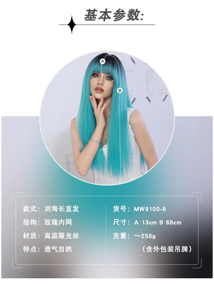 Turquoise Ombre Synthetic Wig with Bangs - Heat Resistant, Bluish Green with Black Roots for a Natural Look.