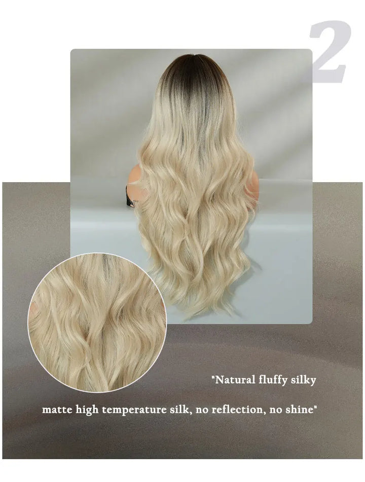 30 Inch Ombre Platinum Blonde Long Curls Synthetic Wig for Women. Heat Resistant with Natural Hair Slit. Matte White Hair Wigs. Peluca