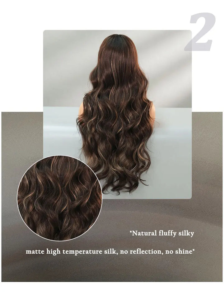 30-inch long curly highlighted brown synthetic hair wig. Made from heat-resistant fiber for a natural matte finish. Peluca.