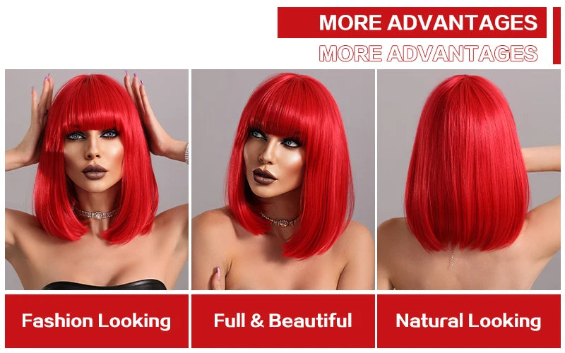 Short red wig with bangs for women, perfect for parties and cosplay. Made of heat-resistant synthetic material.