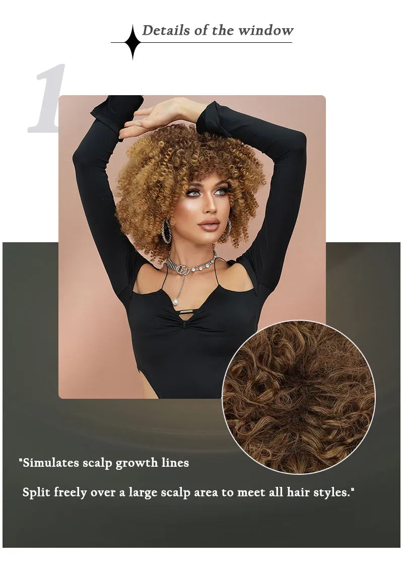 16" Curly Afro Wig with Bangs for Black Women. Kinky curly synthetic wig in ombre brown blonde.