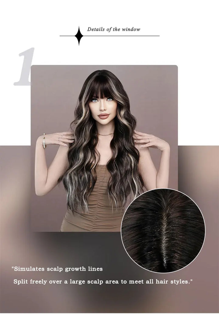 Brown wig with bangs, long wavy style with mixed blonde highlights. Made from natural curly synthetic fiber, resistant to heat. Perfect for daily use by women.