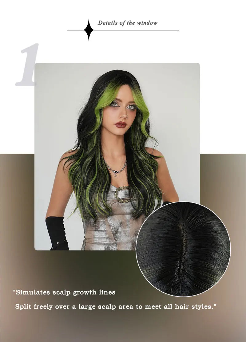 Black Green Synthetic Hair Skunk Stripe Long Wavy Wig, 26 Inch, Heat Resistant Fiber, Wholesale, Natural Matt.