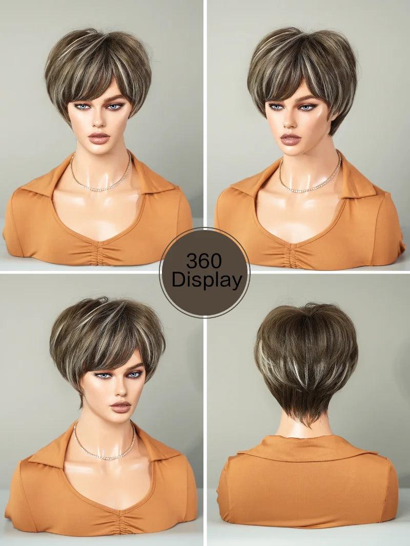 Ombre red pixie cut wig with bangs, cute and natural-looking. Short black and burgundy layered wavy style for women.