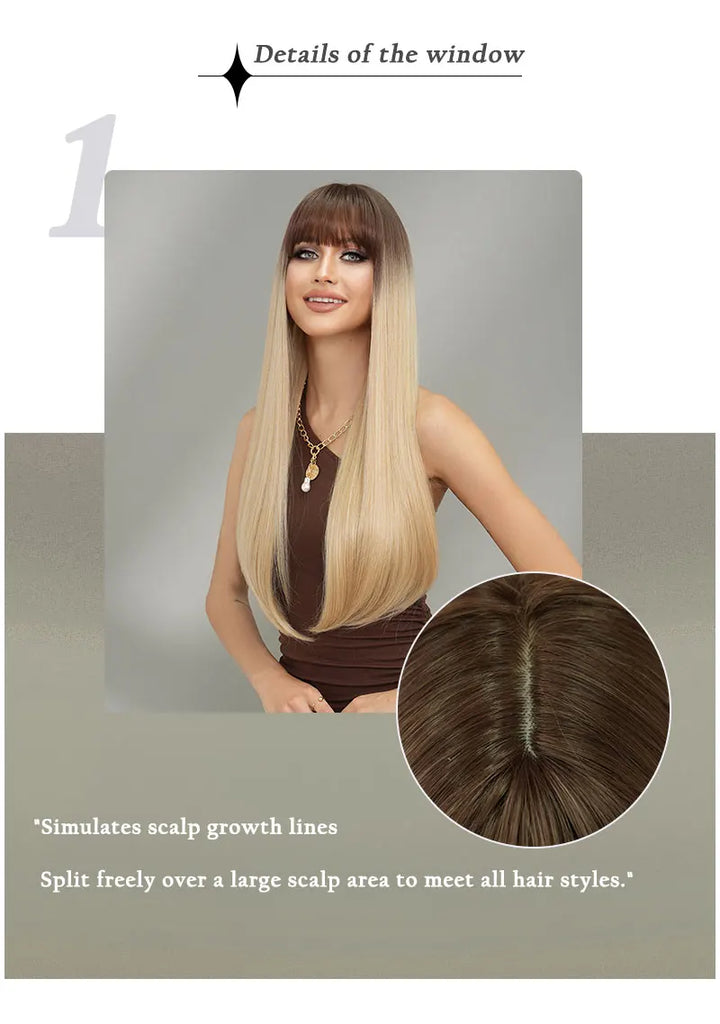 Long Straight Ombre Blonde Synthetic Hair With Bangs for Women Heat Resistant Fiber Wig Hot Selling 28 Inch.