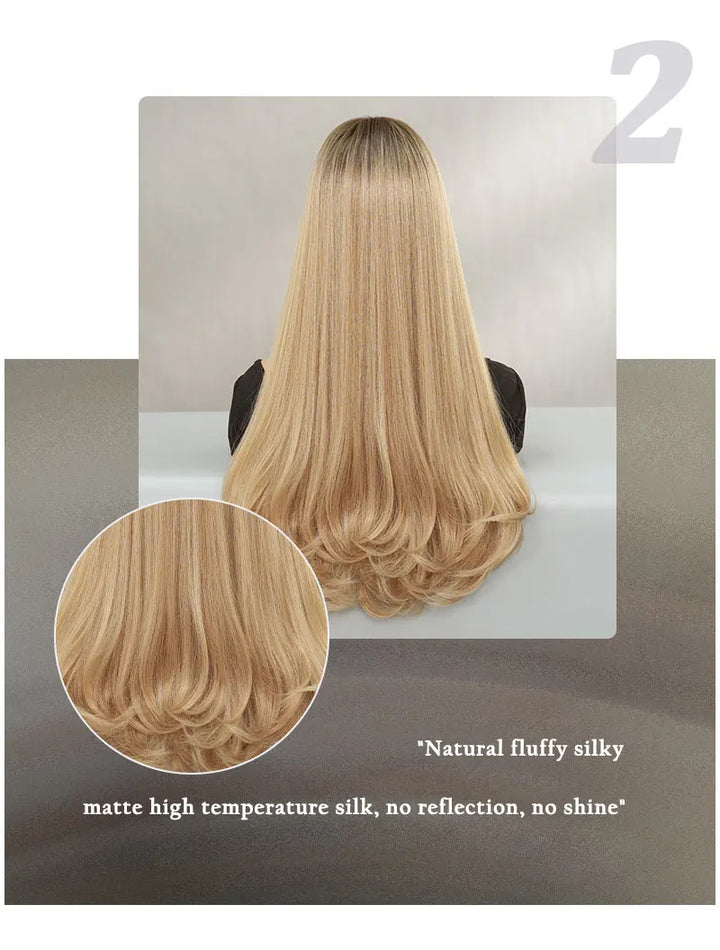 24 Inch Long Curly Ombre Blond Synthetic Hair Wigs with Bangs Blonde Heat Resistant Fiber Natural Matt Wigs Peluca