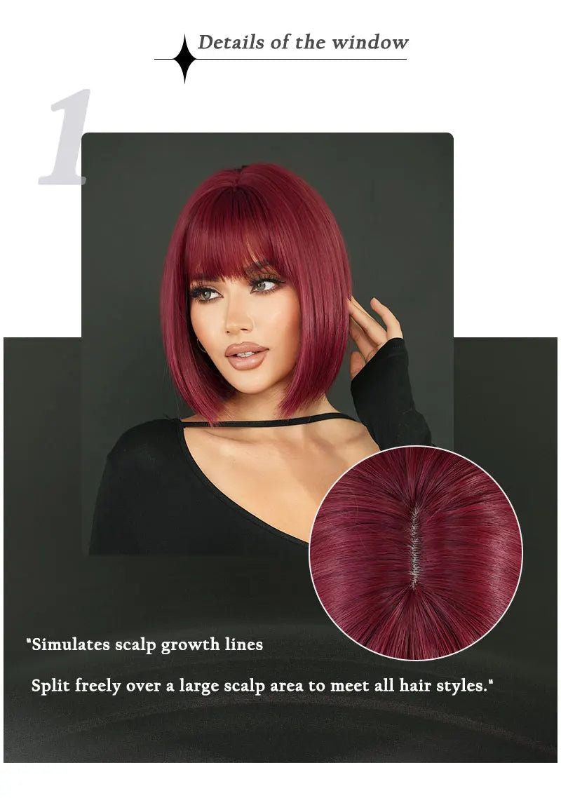 12-inch Short Bob Straight Wig with Bangs - Natural Red Yaki Synthetic Heat Resistant Burgundy Red Hair for Party Cosplay.