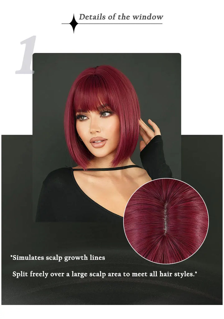 12-inch Short Bob Straight Wig with Bangs - Natural Red Yaki Synthetic Heat Resistant Burgundy Red Hair for Party Cosplay.