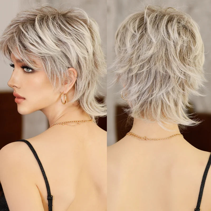 Ombre red pixie cut wig with bangs, cute and natural-looking. Short black and burgundy layered wavy style for women.