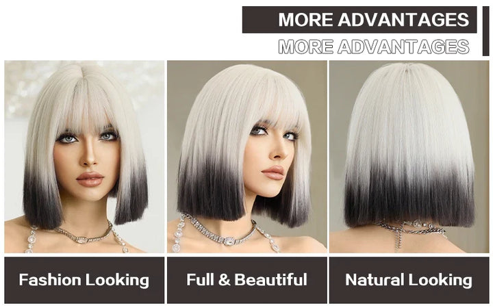 Ombre colored bob wig with bangs, perfect for cosplay or everyday wear.