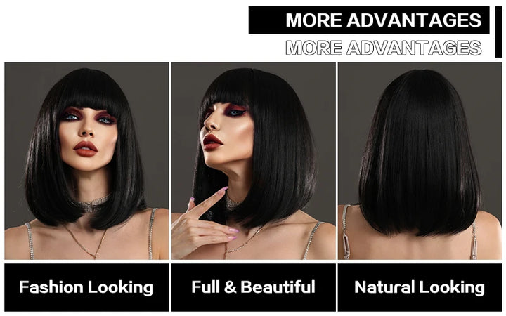 Short Black Bob Wig with Bangs for Women - Shoulder Length Synthetic Wig for Cosplay Party or Cleopatra Costume