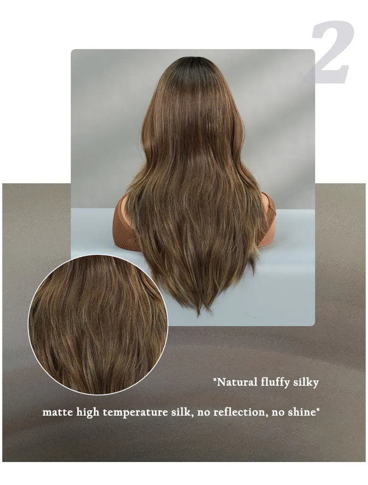 16-Inch Highlight Brown Wig with Middle Bangs, High-Temperature Resistant Synthetic Matte Hair, Natural Fashion #