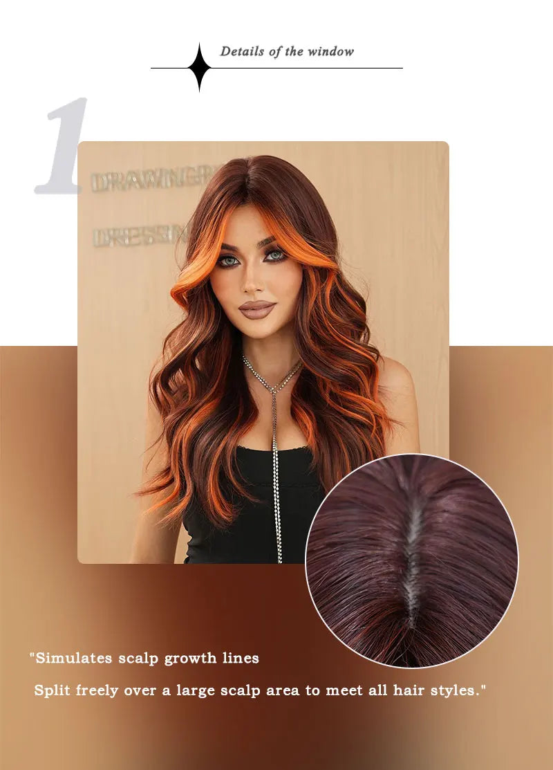 Ginger Orange Wig with Highlights - Synthetic Hair Wig with Brown Skunk Stripe, Long Wavy Style, Heat Resistant Fiber.