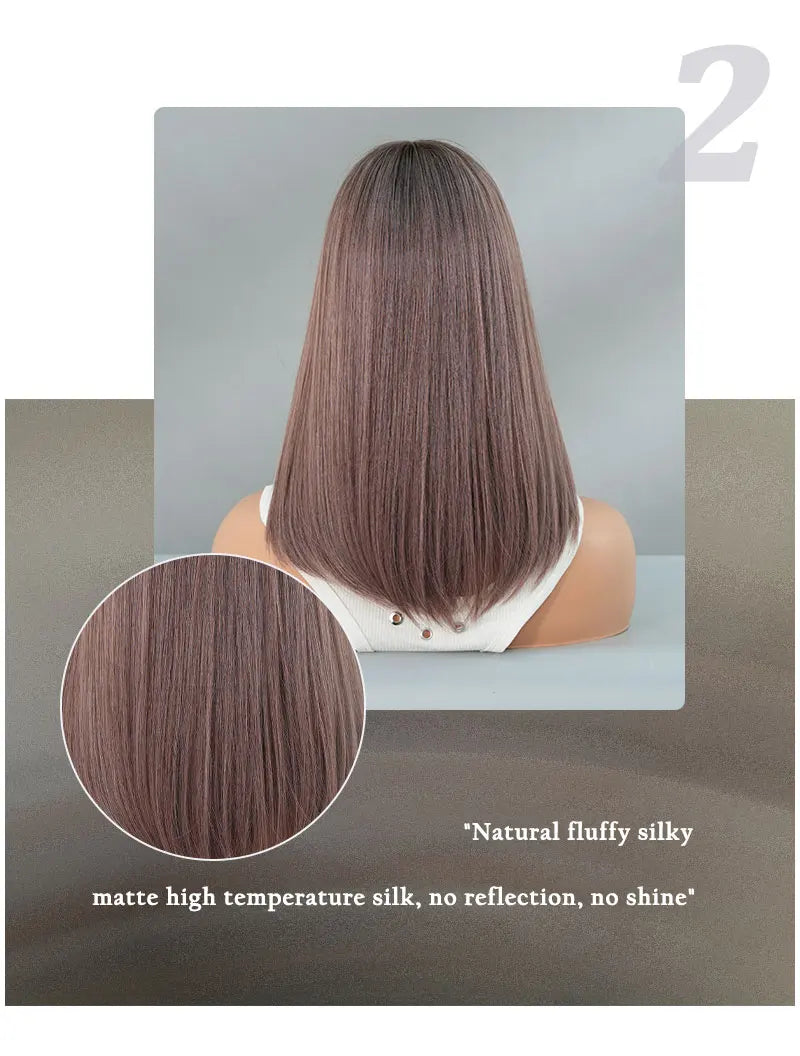 Purple Ombre Shoulder-Length Straight Layered Synthetic Wig with Bangs, 16 Inches. Natural Matte Hair for Women.