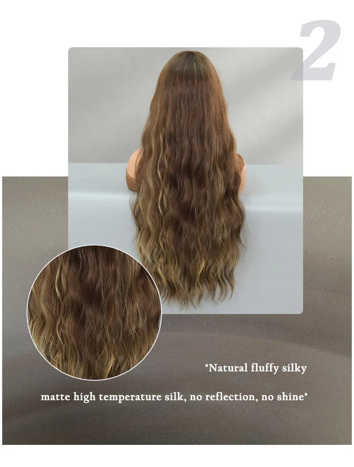 32 Inches Extra Long Honey Blond Middle Parting Wig with Bangs. This synthetic water wave wig is glueless with a natural hairline and matte hair finish.