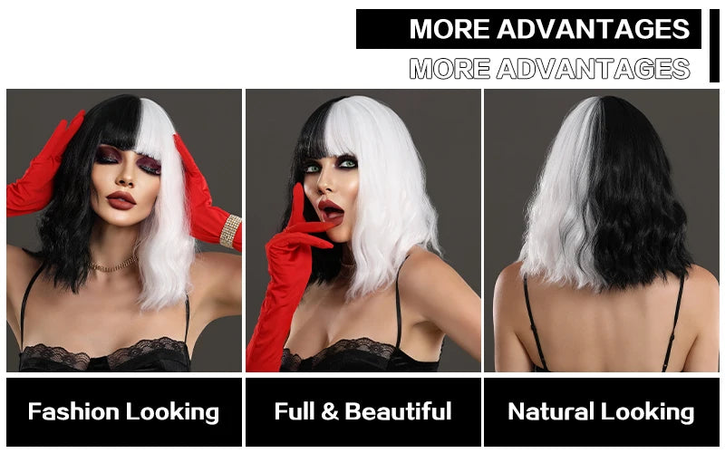 Black and white Cruella Deville wig for women's costume. Short curly wavy synthetic wig for parties and cosplay.