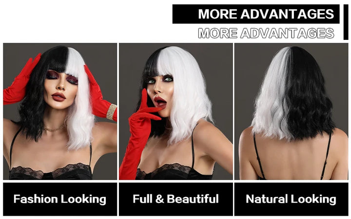 Black and white Cruella Deville wig for women's costume. Short curly wavy synthetic wig for parties and cosplay.