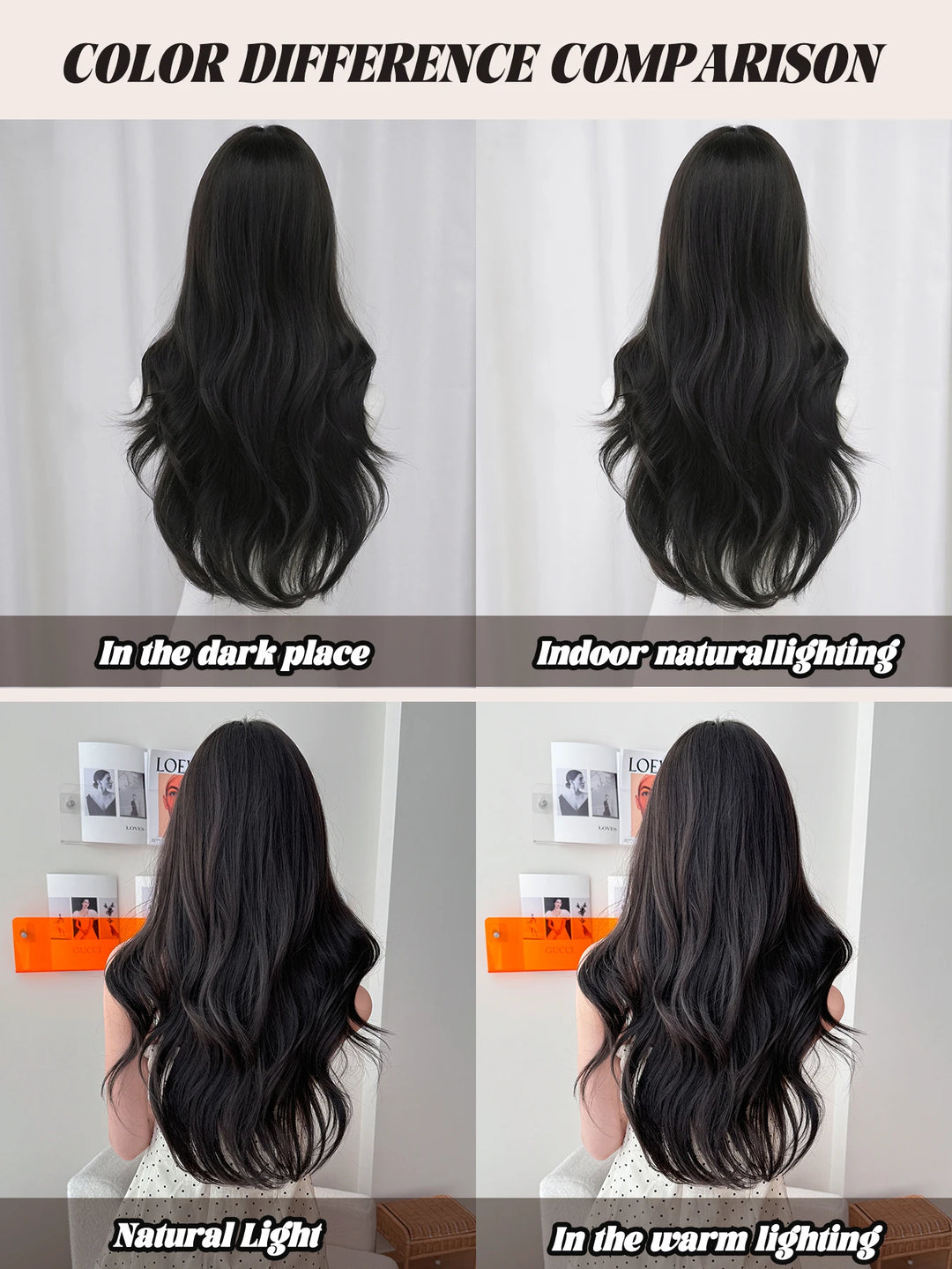 28-inch long highlighted black curly hair with bangs synthetic matte hair wig for women. Heat resistant.