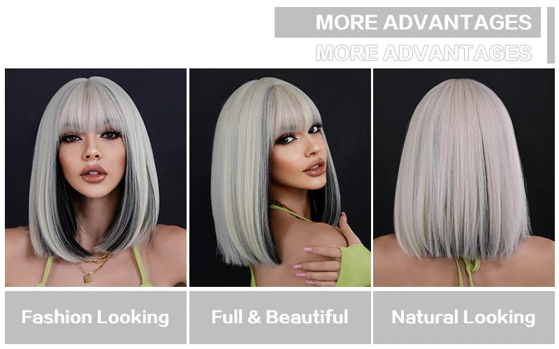Black Bob Wigs with Bangs, Synthetic Straight Bob Wigs for Women, Heat Resistant 12 in Hair