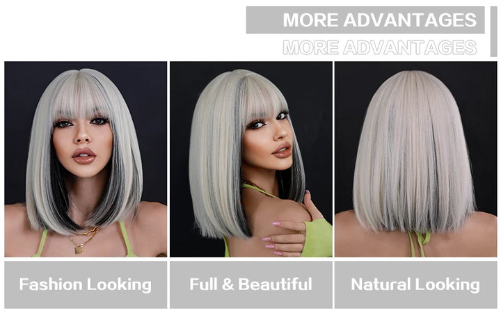 Black Bob Wigs with Bangs, Synthetic Straight Bob Wigs for Women, Heat Resistant 12 in Hair