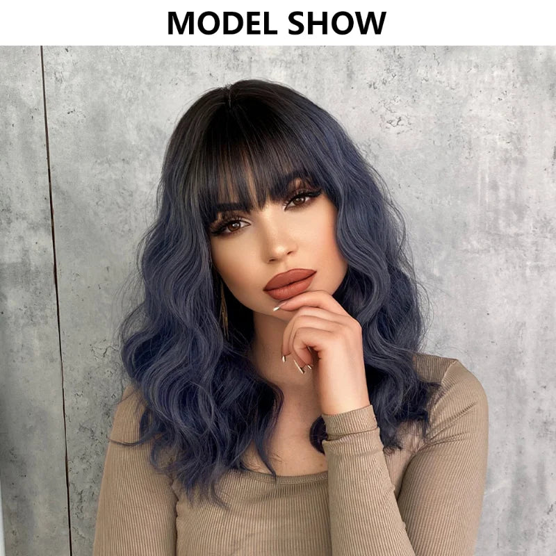 Short curly ombre blue wig with bangs for women. Shoulder-length wavy bob style made of synthetic hair. Perfect for daily wear, cosplay, and Halloween.