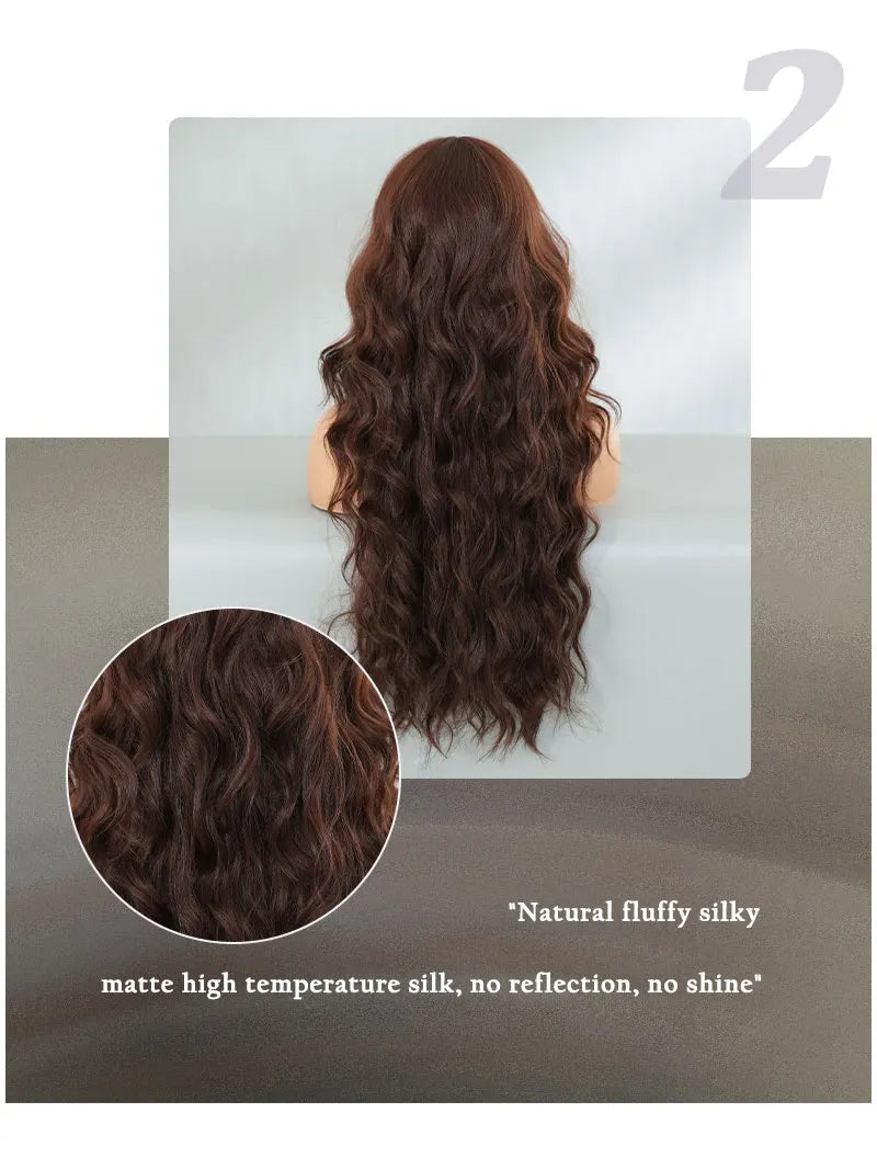 28 Inch Curly Brown Synthetic Hair Shoulder Length Water Wavy Wigs Heat Resistant Fiber Natural Matt Wigs Peluca Rizada