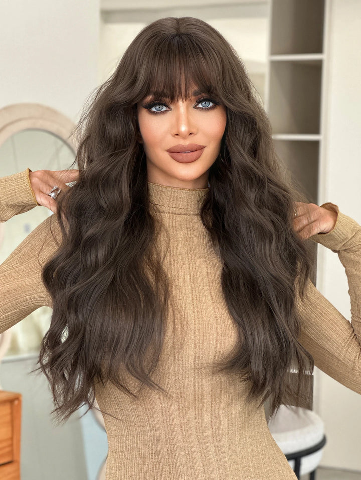 30-inch Extra Long Brown Curly Hair with Bangs Synthetic Matte Hair Wig for Women Heat Resistant